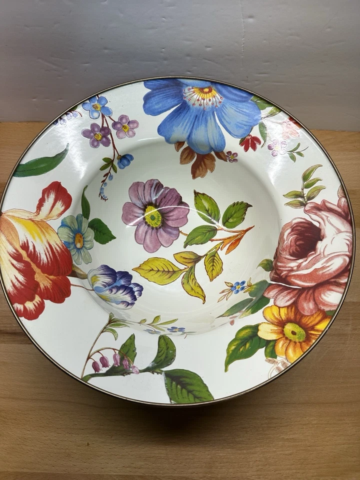 Cuenco para servir MacKenzie Childs Flower Market esmalte blanco borde ancho plano 11,75" Foto 1 de 4