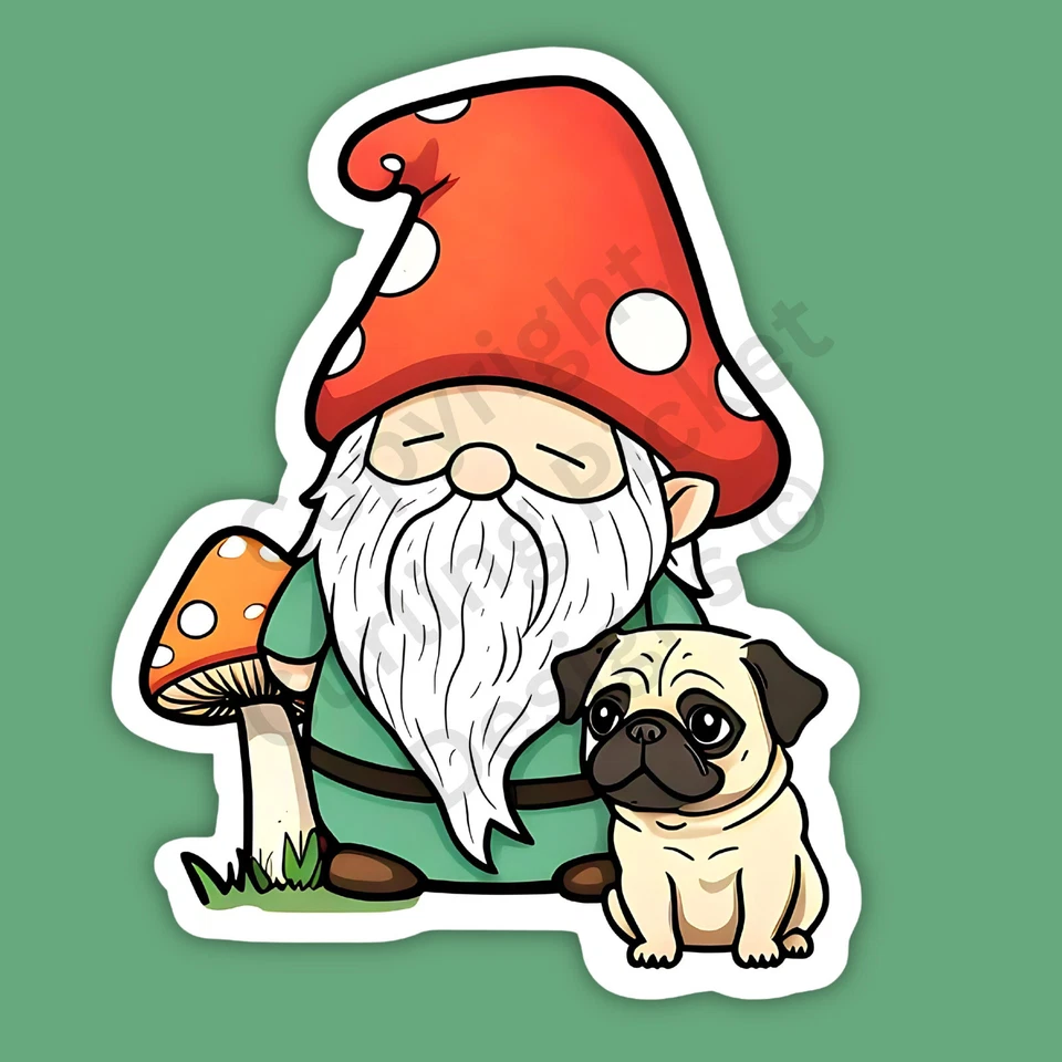 Gnome with a Pug Breed Dog Cute Funny 3" Vinyl Sticker - Image 1 of 1