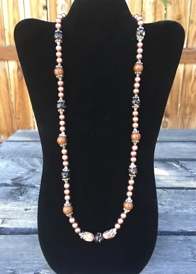 Earth Tone Necklace Bronze Faux Pearl Glass Beads Jasper Stone Brown 28” Opera - Image 1 of 4