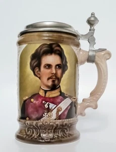 VTG King Ludwig II of Bavaria & Coat of Arms Porcelain w/ Pewter Lid Beer Stein - Picture 1 of 12