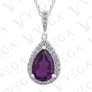 5.50carat Pear Natural Amethyst & Diamond Pendant 18k White Gold Plated No Chain - Picture 1 of 11