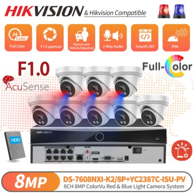 Hikvision 8Channel POE NVR Red&Blue Light 8MP ColorVu Security Camera System MIC - image 1 of 4