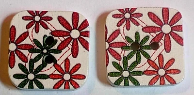 2 Floral Sewing Buttons Crafting Square Wood 2 Hole 7/8"  - Image 1 of 3