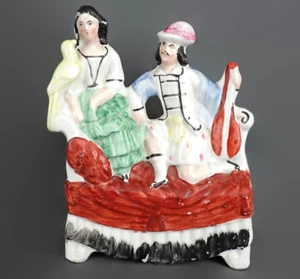 c1860 Big Staffordshire Figural Flat Back Musician & Companion on Red Divan #19 - Picture 1 of 18