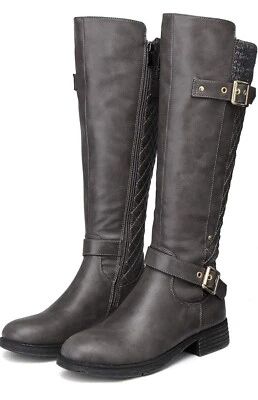 Gracosy Botas Hasta la Rodilla para Mujer, Hebilla Hecha a Mano Cuero Invierno Gris Foto 1 de 4