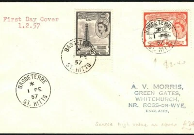 ST KITTS QEII FDC Scarce $2.40 High Value First Day Cover Basseterre 1957 PB346 - Image 1 of 4