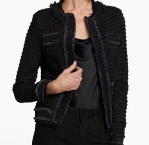 L’AGENCE Agnes Tweed Denim Distressed Black Jacket Size M NWOT Retail $525 - Picture 1 of 12
