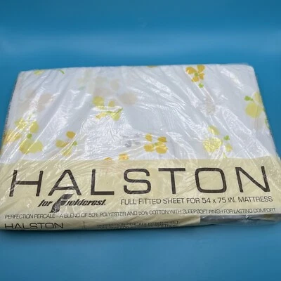 Vintage 1970s 70s FULL Fitted Sheet Fieldcrest Halston's Flower Fieldcrest New - Image 1 of 4