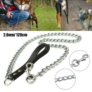 Heavy Duty Metal Chain Dog Lead With Leather Handle Long Strong Control Leash - Picture 1 of 13
