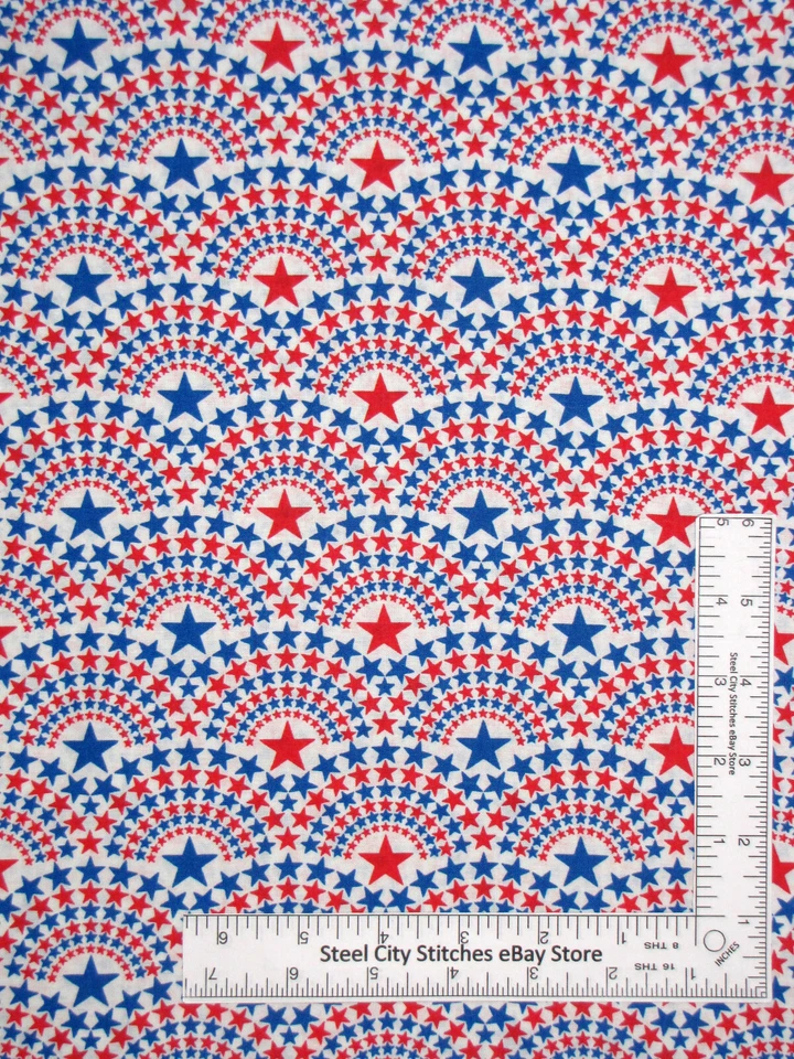 Tela Patriótica Rojo Azul Estrella en un Abanico Patrón Blanco Algodón Santee Por Yarda Foto 1 de 1