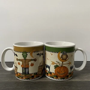 2 Vintage Debbie Mumm Halloween Coffee Mug Lot Sakura 1998 Frankenstein & Owl - Picture 1 of 12