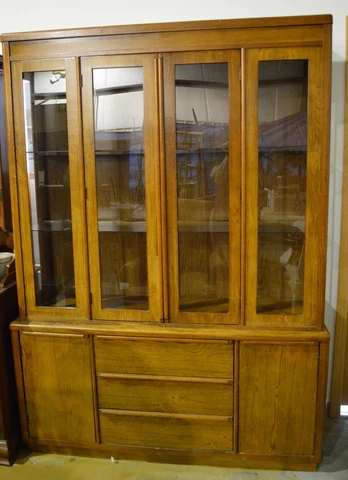 Vintage Mid Century MCM Solid Wood Hutch Sideboard Glass Shelves Local Pick Up Cover