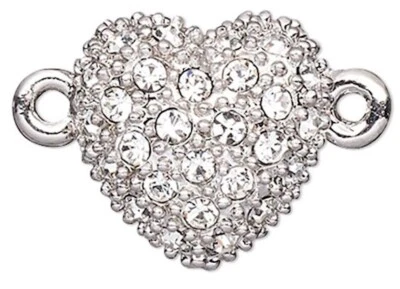 Clasp, Magnetic, 1 Silver Rhodium Plated Pewter & Crystal 12x12mm Heart Clasp - Image 1 of 2