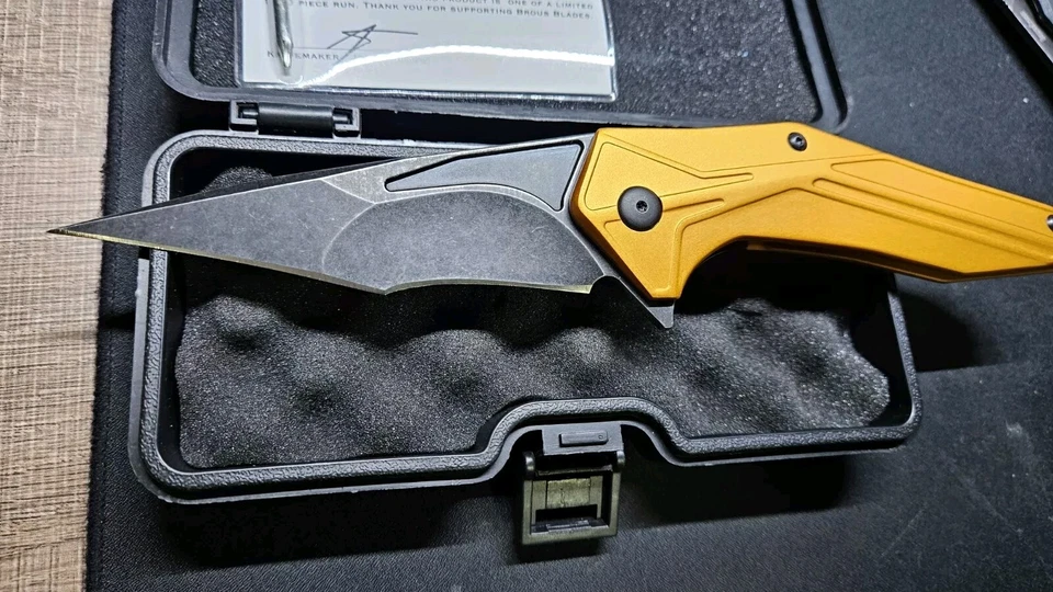 BROUS BLADES TYRANT Yellow Satin D2 Blade Stonwash Alum Handle Flipper EDC - Image 1 of 4