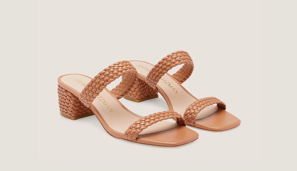 STUART WEITZMAN Tan Aleena Waikiki 50 Woven Leather Block Slide 8.5 $495 - Image 1 of 4