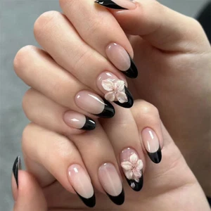 Short Almond Press-On Fake Nail 3D Soild Flower Classic French Manicure 24pcs - Picture 1 of 7