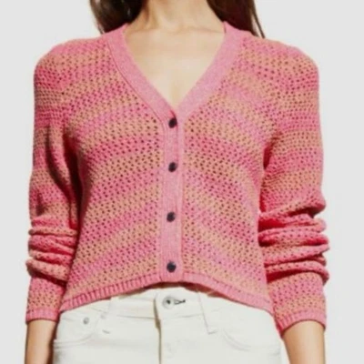 Rag & Bone Carson Crochet Striped Pink Knit Button Front Preppy Cardigan Large - Image 1 of 4