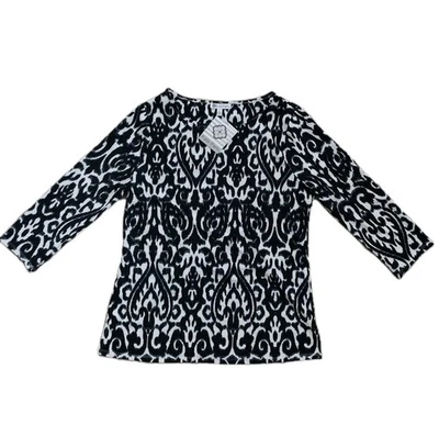 Blusa para mujer Kate Park pequeña, blanca y negra con estampado de damasco mangas 3/4 nueva con etiquetas Foto 1 de 4