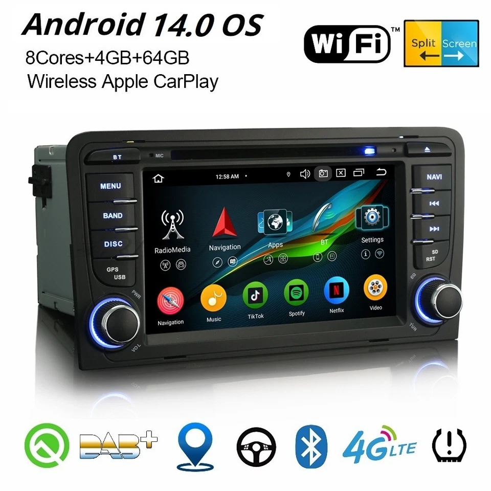 64GB 8-Kern Android 14 Autoradio Für Audi A3 RS3 RNSE-PU CD DAB+ Carplay Navi 4G - Bild 1 von 4