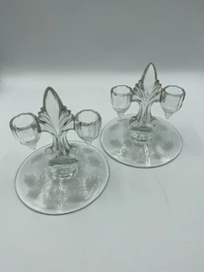 Vintage Art Deco New Martinsville. Pair of Double Candle Holders Etched. - Picture 1 of 3