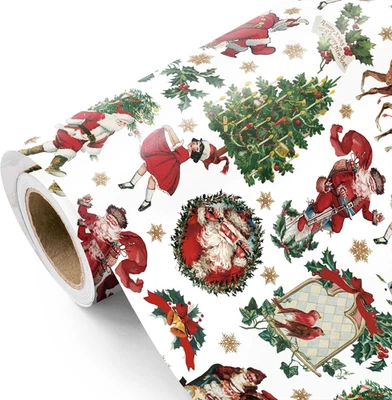 Vintage Christmas Wrapping Paper - Mini Roll - 17 Inch X 16.5 Feet - Santa, Tree