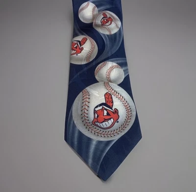 Corbata de colección 1994 MLB Cleveland Indians Ralph Marlin logotipo de béisbol seda azul marino Foto 1 de 4