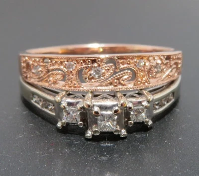 14K 2TONE PRINCESS CUT DIAMOND BRIDAL SET 0.15 tcw SZ 12  4.43 grams (A22046) - Image 1 of 4