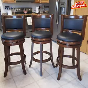 Swivel Bar Stool Set of 3 High Back Wood 29 Inch Barstool Kitchen Pub Cappuccino - Picture 1 of 12