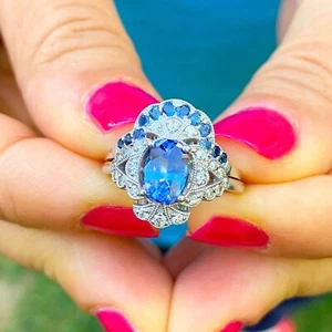 ANILLO Y BANDA HALO ORO BLANCO 14K ZAFIRO NATURAL Y DIAMANTES 2,40CT - Imagen 1 de 12