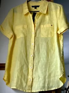 Tommy Hilfiger Linen Shirt Collared Logo Short Sleeve Yellow Women's Size L/G - Picture 1 of 9