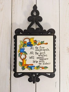 Vintage Cast Iron And Ceramic Tile Trivet Help With The Dishes  - Picture 1 of 5