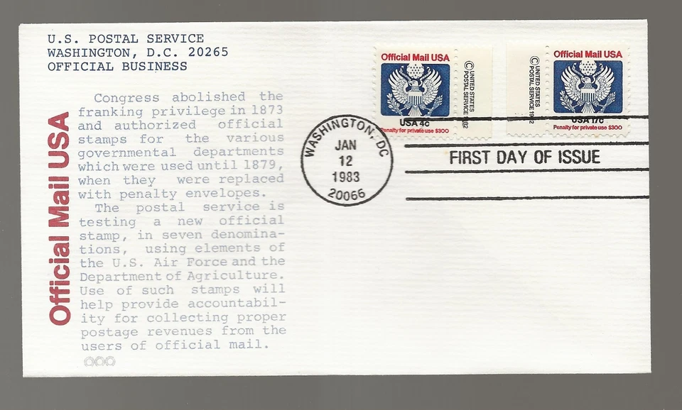 US Scott #O128 & O130, First Day Cover 1/12/83 Washington Tab Singles Official - Image 1 of 1