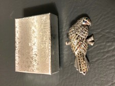 Dark Green Eye Pin/Brooch Sterling Silver Marcasite Parrot With