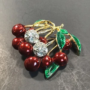 Vintage Gold Toned Gold Stemmed Enamel Cherries with Crystals Brooch Signed L-S - Picture 1 of 7