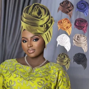 Big Rose Flower African Turban Caps Nigerian Wedding Geles Party Headgear - Picture 1 of 16
