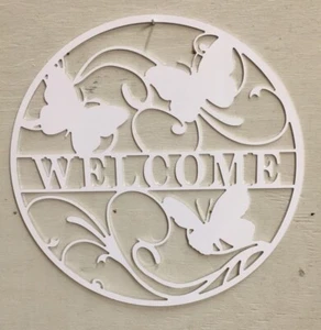 Welcome Butterfly Metal Sign Art 16" x 16" White Indoor/Outdoor Garden Decor - Picture 1 of 2