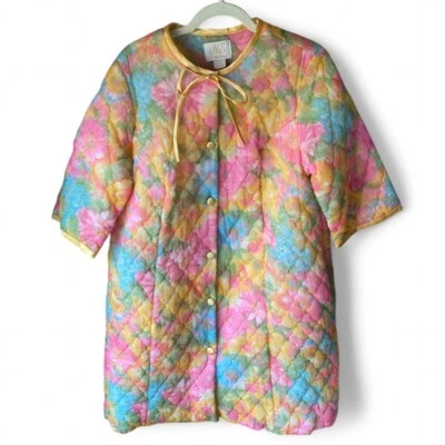 Groovy 60s De Colección Floral Flower Power Abrigo Bata Botón Abuela Acolchado M Pastel Foto 1 de 4