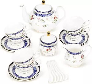 fanquare Bone China Teeservice für Erwachsene, 21-teilig Blau & Rosen Porzellan Teeservice - Bild 1 von 3