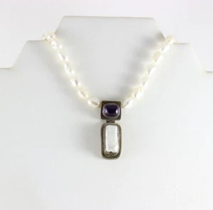 Sterling Silver Pearl and Amethyst Baroque Toggle Clasp Necklace 19 inch - Picture 1 of 9