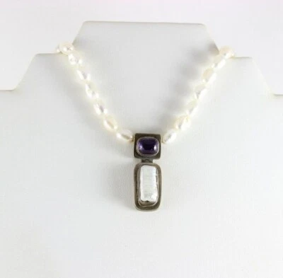 Sterling Silver Pearl and Amethyst Baroque Toggle Clasp Necklace 19 inch - Image 1 of 4