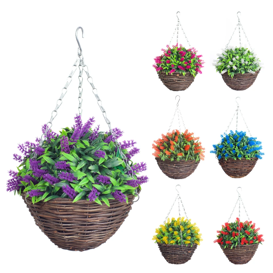Best Artificial Lavender Flower Hanging Wicker Basket Planter Garden UV Stable