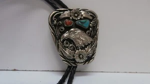 Vintage Western Eagle SSI USA Bolo Tie Silver Tone Turquoise Red Coral Leather - Picture 1 of 9