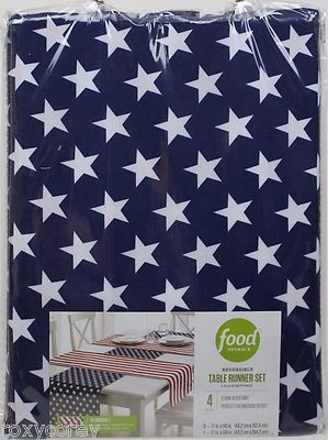 Food Network 4 pc White Red Blue Patriotic Stripe Stars Reversible Table Runner - Image 1 of 3