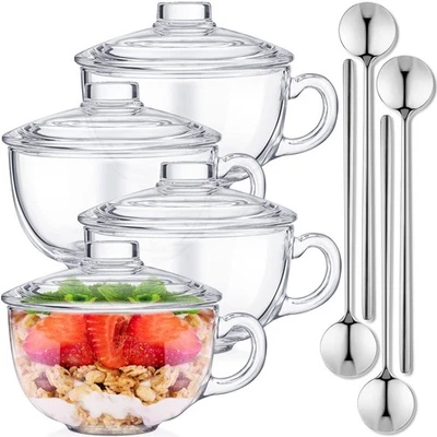 Conjunto de 4 tigelas de cereais de vidro seguras para micro-ondas tigelas de sopa de vidro com alça e S... - Imagem 1 de 4