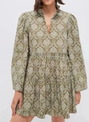 HYACINTH HOUSE TUCKERNUCK Olive Green Printed Russell Mini Dress Ruffle Sz XS - Image 1 of 4