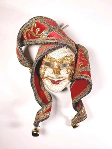 Vintage Venezianische Maske Handarbeit Wandbild Italien Narr Joker Damast Glocken Mosaik - Bild 1 von 13