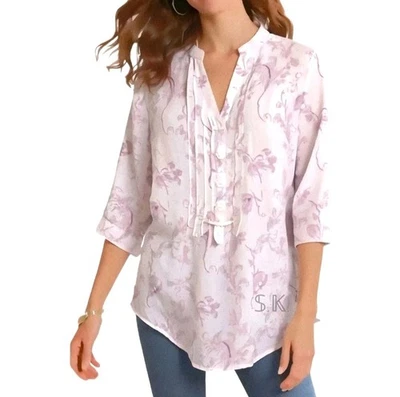 Top túnica MALVIN Hamburg *I Love Linen* 100 % lino floral popover pintuck GRANDE  Foto 1 de 4