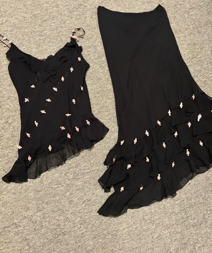 Conjunto sin mangas y falda Y2K Eci New York talla 12 seda 3D rosa floral leer descripción Foto 1 de 4