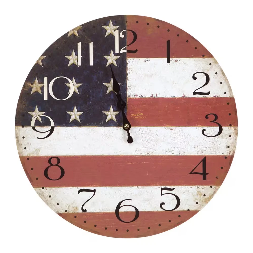 14 In. Circular Wooden Wall Clock with American Flag Print - Изображение 1 из 4