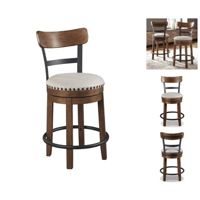 Elegante taburete giratorio de altura de mostrador marrón oscuro con diseño industrial rústico Foto 1 de 4